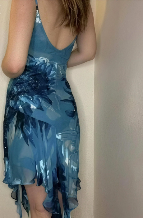 Vintage Lake Blue Spaghetti Strap Blurred Print Beaded Irregular Chiffon Prom Dress P4800