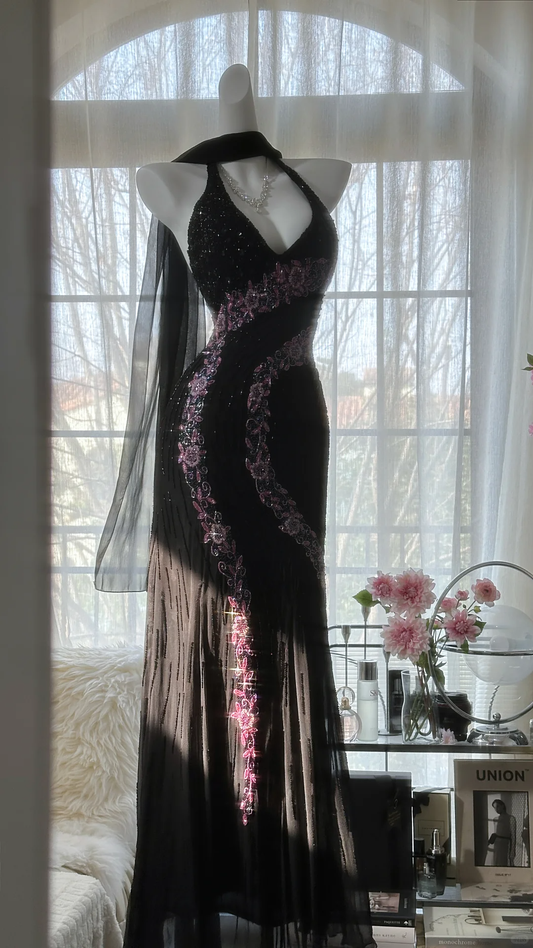 Retro Black V-neck Applique Design Romantic Chiffon Evening Dress Prom Dress TP4011