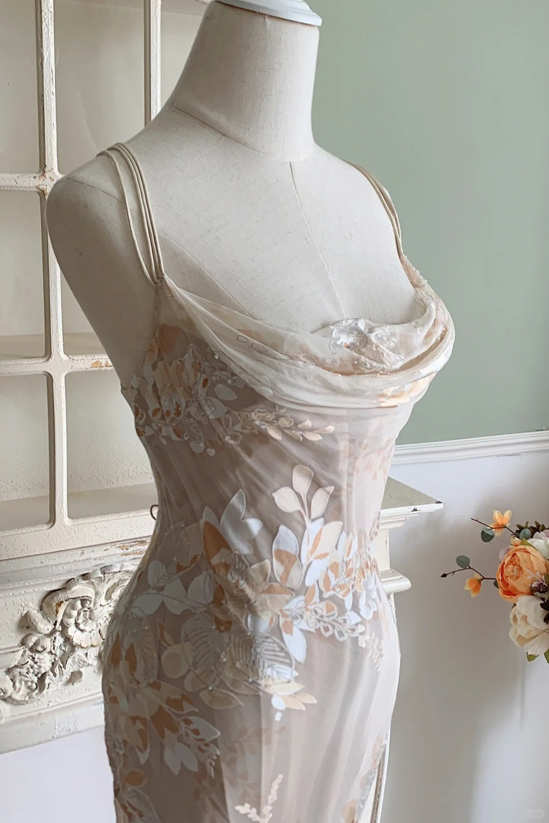 Elegant Nude Apricot Mermaid Spaghetti Strap Floral Chiffon Long Prom Dress Evening Dress P4801