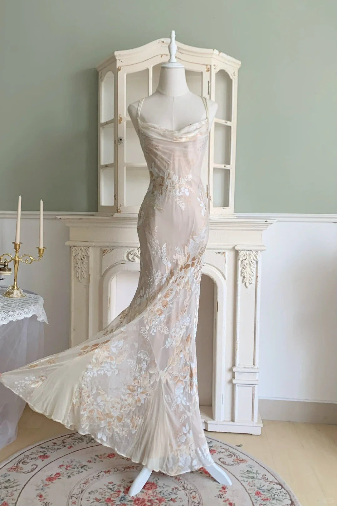 Elegant Nude Apricot Mermaid Spaghetti Strap Floral Chiffon Long Prom Dress Evening Dress P4801