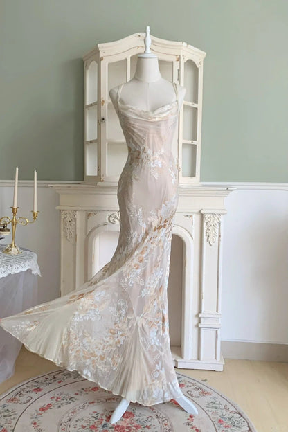 Elegant Nude Apricot Mermaid Spaghetti Strap Floral Chiffon Long Prom Dress Evening Dress P4801