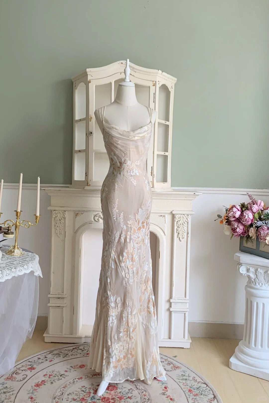 Elegant Nude Apricot Mermaid Spaghetti Strap Floral Chiffon Long Prom Dress Evening Dress P4801