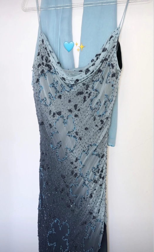 Vintage Blue-Gray Gradient Spaghetti Strap Beaded Chiffon Long Prom Dress Evening Dress P4802