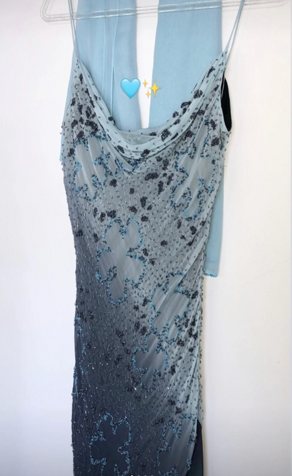Vintage Blue-Gray Gradient Spaghetti Strap Beaded Chiffon Long Prom Dress Evening Dress P4802