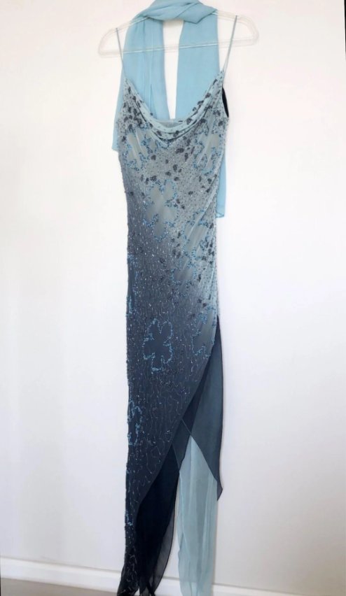 Vintage Blue-Gray Gradient Spaghetti Strap Beaded Chiffon Long Prom Dress Evening Dress P4802