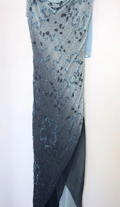 Vintage Blue-Gray Gradient Spaghetti Strap Beaded Chiffon Long Prom Dress Evening Dress P4802