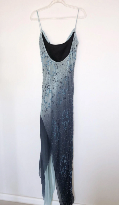Vintage Blue-Gray Gradient Spaghetti Strap Beaded Chiffon Long Prom Dress Evening Dress P4802