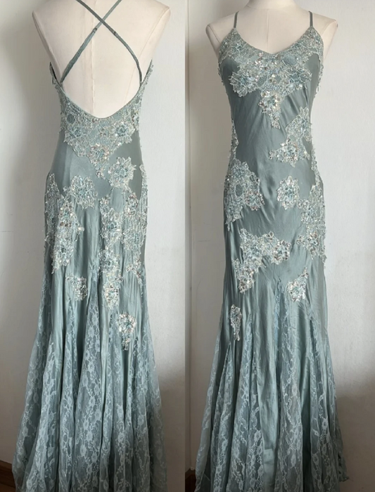 Elegant Light Blue Mermaid Crisscross Backless Lace Satin Long Prom Dress Evening Dress P4803