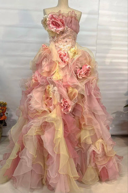 Dreamy Pink-Yellow Gradient Strapless 3D Rose Floral Beaded Sequin Layered Organza Train Prom Dress Sweet 16 Dress P4804