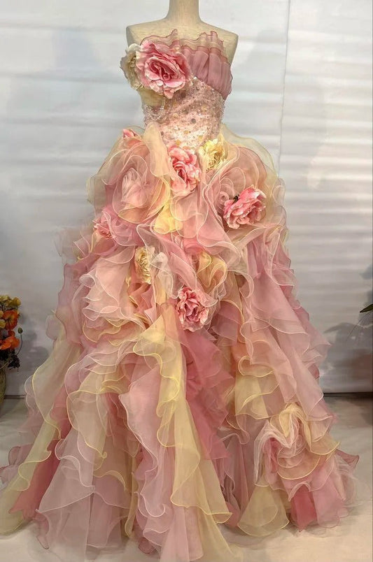 Dreamy Pink-Yellow Gradient Strapless 3D Rose Floral Beaded Sequin Layered Organza Train Prom Dress Sweet 16 Dress P4804