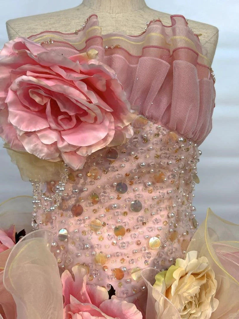 Dreamy Pink-Yellow Gradient Strapless 3D Rose Floral Beaded Sequin Layered Organza Train Prom Dress Sweet 16 Dress P4804