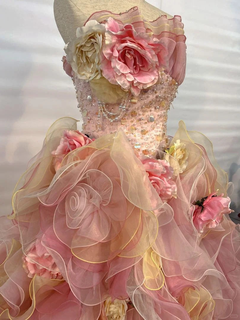 Dreamy Pink-Yellow Gradient Strapless 3D Rose Floral Beaded Sequin Layered Organza Train Prom Dress Sweet 16 Dress P4804
