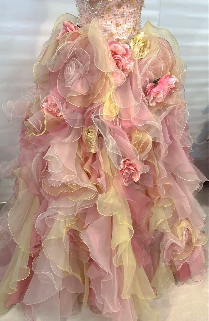 Dreamy Pink-Yellow Gradient Strapless 3D Rose Floral Beaded Sequin Layered Organza Train Prom Dress Sweet 16 Dress P4804