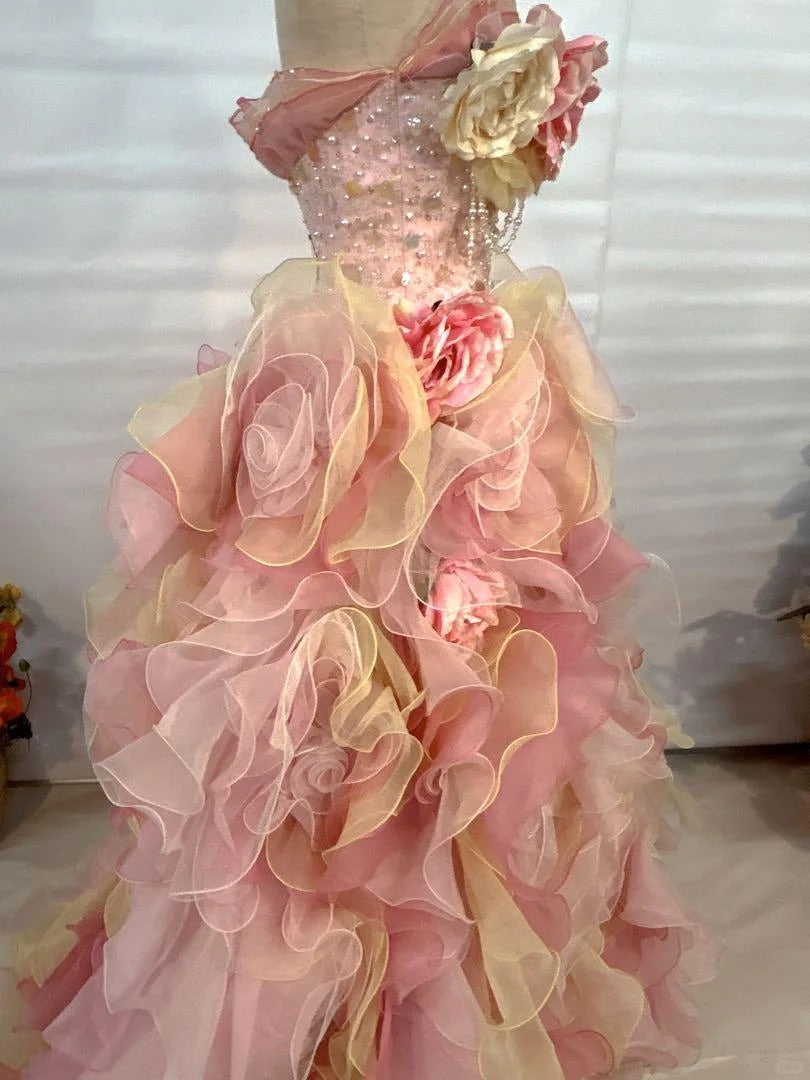 Dreamy Pink-Yellow Gradient Strapless 3D Rose Floral Beaded Sequin Layered Organza Train Prom Dress Sweet 16 Dress P4804