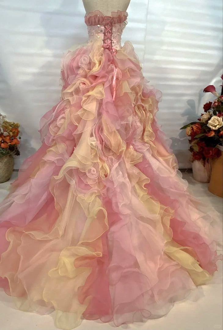 Dreamy Pink-Yellow Gradient Strapless 3D Rose Floral Beaded Sequin Layered Organza Train Prom Dress Sweet 16 Dress P4804