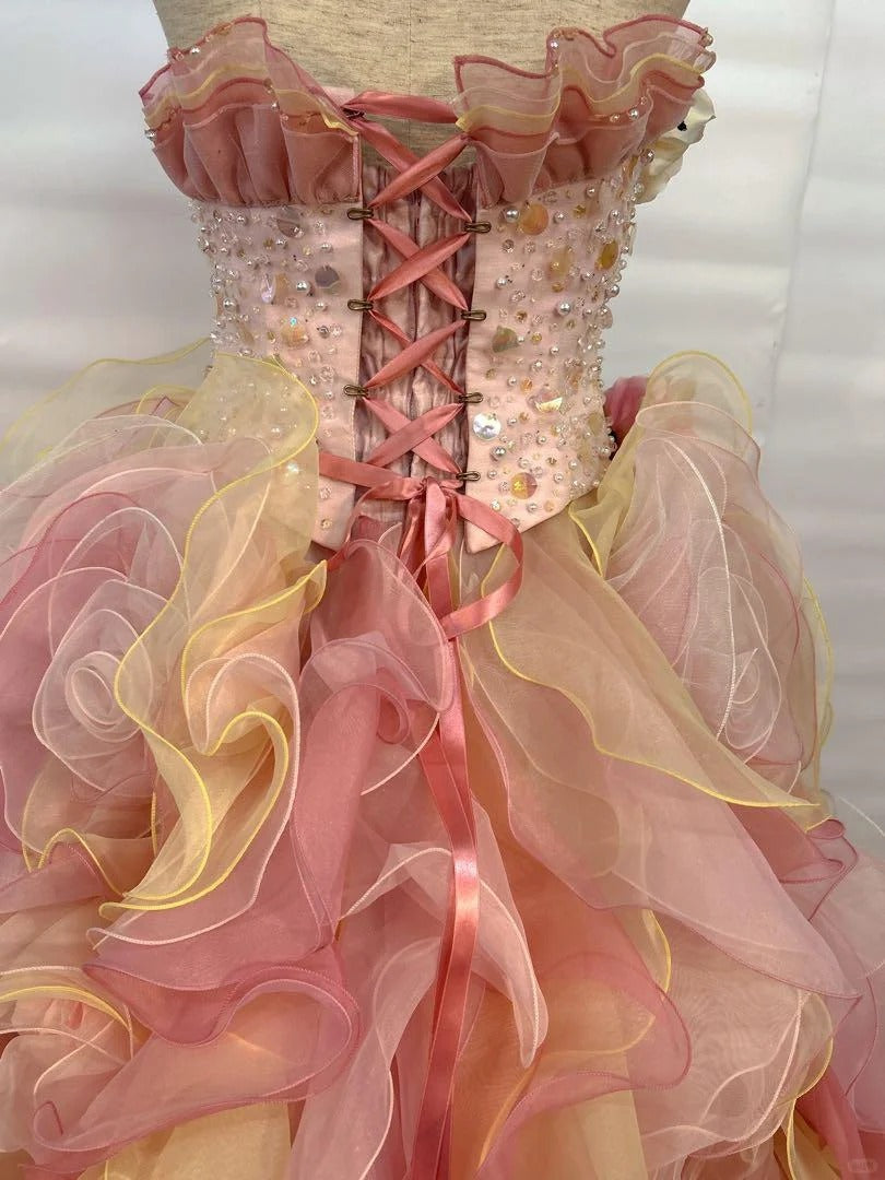 Dreamy Pink-Yellow Gradient Strapless 3D Rose Floral Beaded Sequin Layered Organza Train Prom Dress Sweet 16 Dress P4804