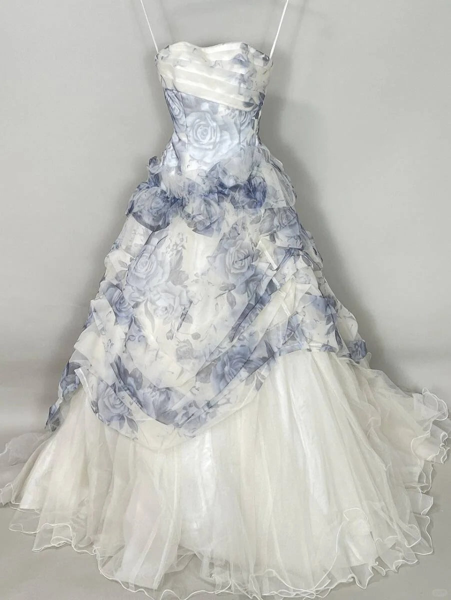 Vintage Blue & White Rose Print Layered Organza Train Prom Dress Sweet 16 Dress P4805