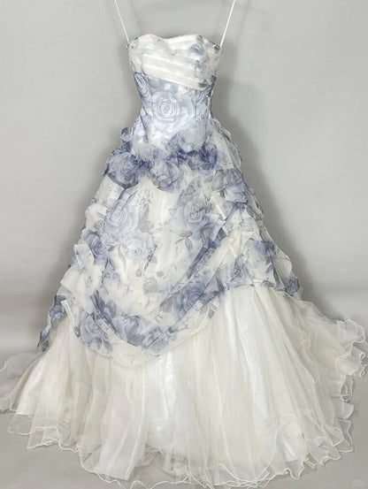 Vintage Blue & White Rose Print Layered Organza Train Prom Dress Sweet 16 Dress P4805