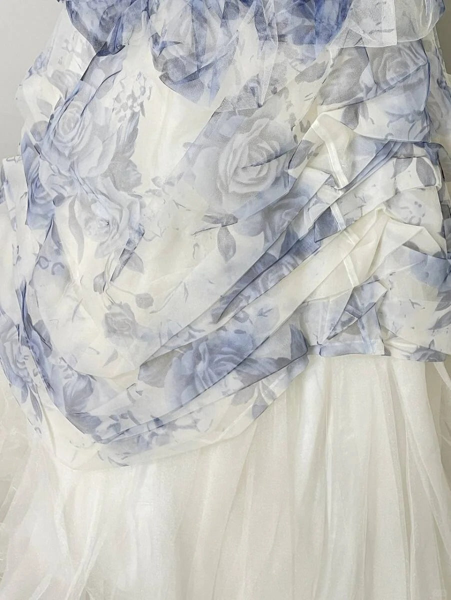 Vintage Blue & White Rose Print Layered Organza Train Prom Dress Sweet 16 Dress P4805