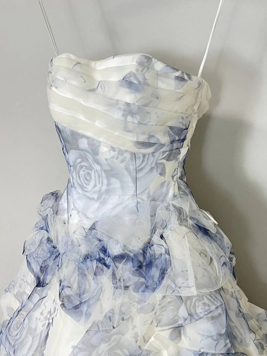 Vintage Blue & White Rose Print Layered Organza Train Prom Dress Sweet 16 Dress P4805