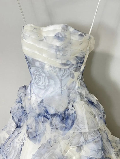 Vintage Blue & White Rose Print Layered Organza Train Prom Dress Sweet 16 Dress P4805