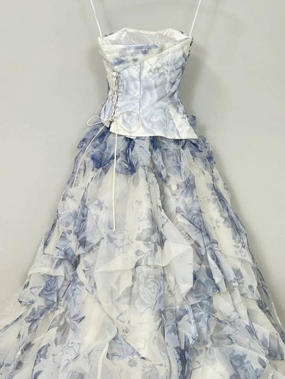 Vintage Blue & White Rose Print Layered Organza Train Prom Dress Sweet 16 Dress P4805