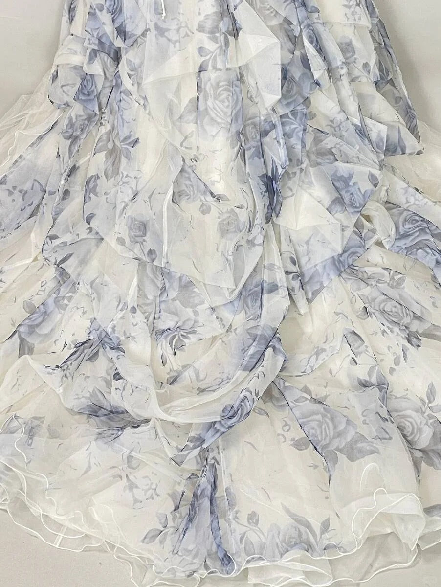 Vintage Blue & White Rose Print Layered Organza Train Prom Dress Sweet 16 Dress P4805