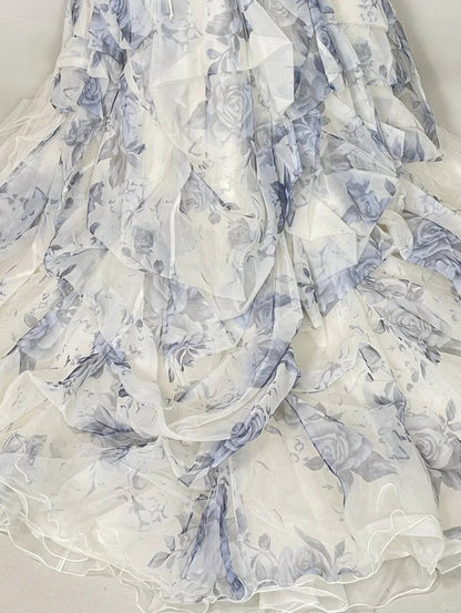 Vintage Blue & White Rose Print Layered Organza Train Prom Dress Sweet 16 Dress P4805