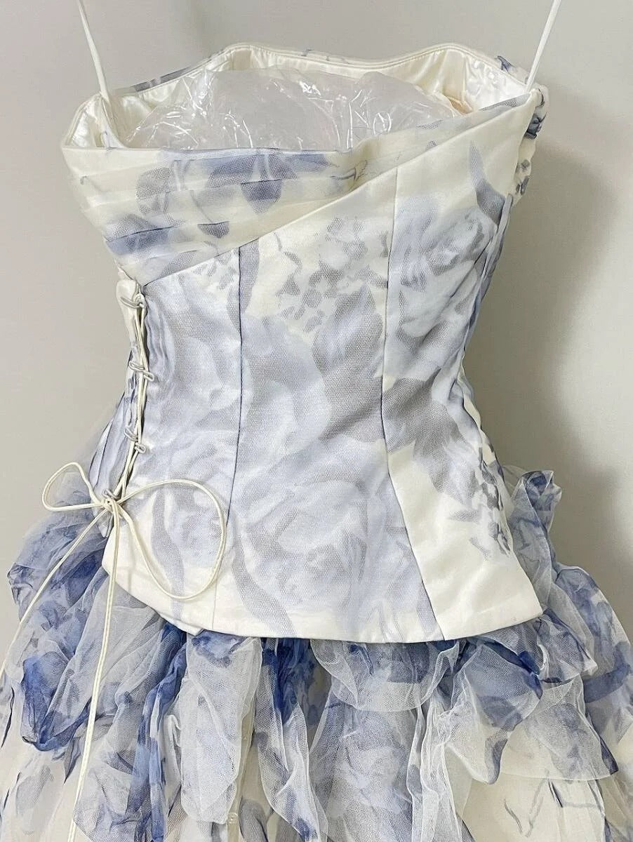 Vintage Blue & White Rose Print Layered Organza Train Prom Dress Sweet 16 Dress P4805