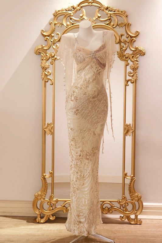 Vintage Champagne Gold Mermaid Beaded Sequin Chiffon Long Prom Dress Evening Dress P4806