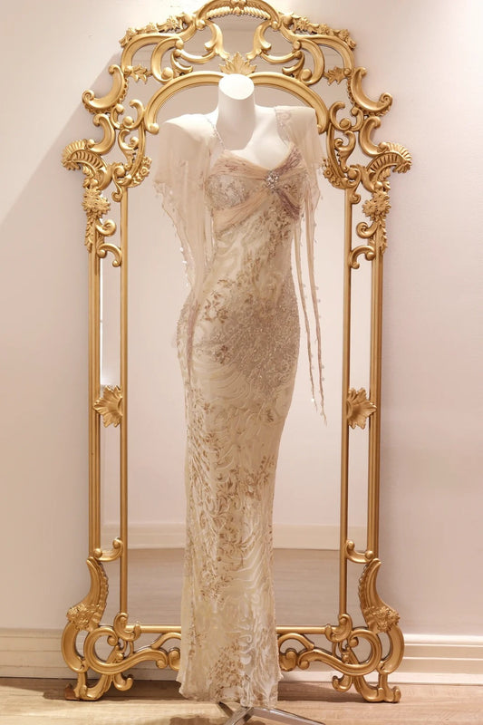 Vintage Champagne Gold Mermaid Beaded Sequin Chiffon Long Prom Dress Evening Dress P4806