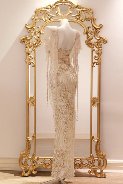 Vintage Champagne Gold Mermaid Beaded Sequin Chiffon Long Prom Dress Evening Dress P4806