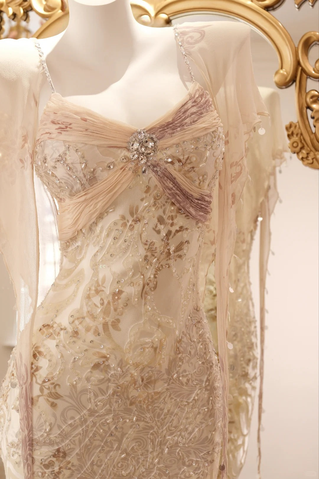 Vintage Champagne Gold Mermaid Beaded Sequin Chiffon Long Prom Dress Evening Dress P4806