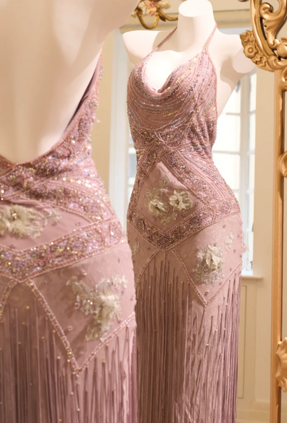 Vintage Halter Neck Beaded Sequin Tassel Chiffon Long Prom Dress Evening Dress P4807