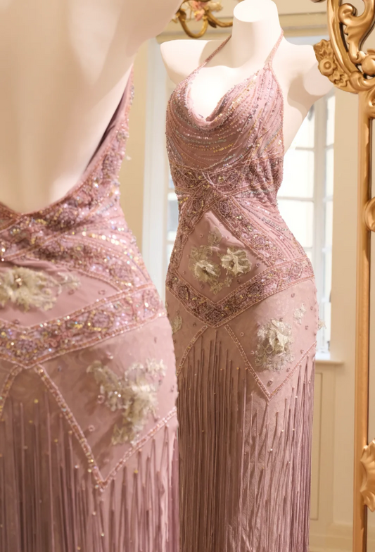 Vintage Halter Neck Beaded Sequin Tassel Chiffon Long Prom Dress Evening Dress P4807