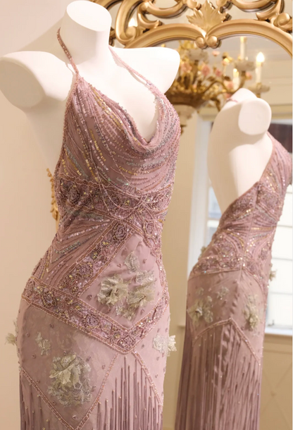 Vintage Halter Neck Beaded Sequin Tassel Chiffon Long Prom Dress Evening Dress P4807