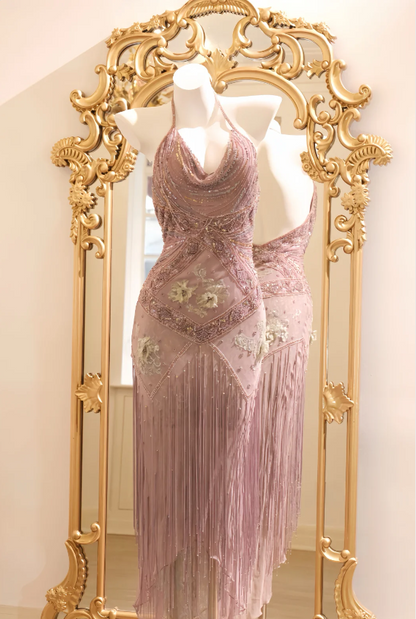 Vintage Halter Neck Beaded Sequin Tassel Chiffon Long Prom Dress Evening Dress P4807