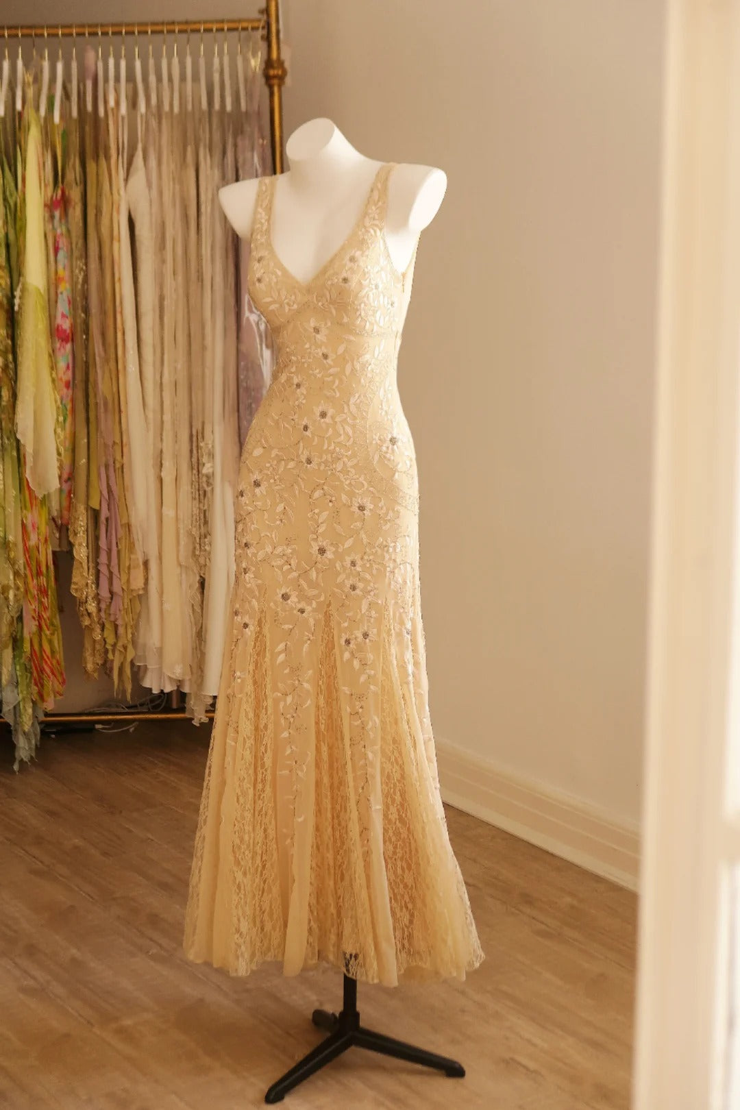 Elegant Champagne Gold Mermaid V-Neck Embroidered Lace Tulle Long Prom Dress Evening Dress P4808