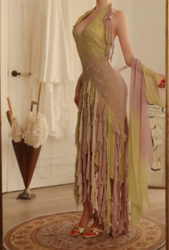 Stunning Gradient Halter Neck Layered Tassel Chiffon Long Prom Dress Evening Dress P4809