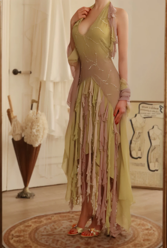Stunning Gradient Halter Neck Layered Tassel Chiffon Long Prom Dress Evening Dress P4809