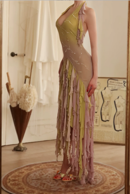 Stunning Gradient Halter Neck Layered Tassel Chiffon Long Prom Dress Evening Dress P4809