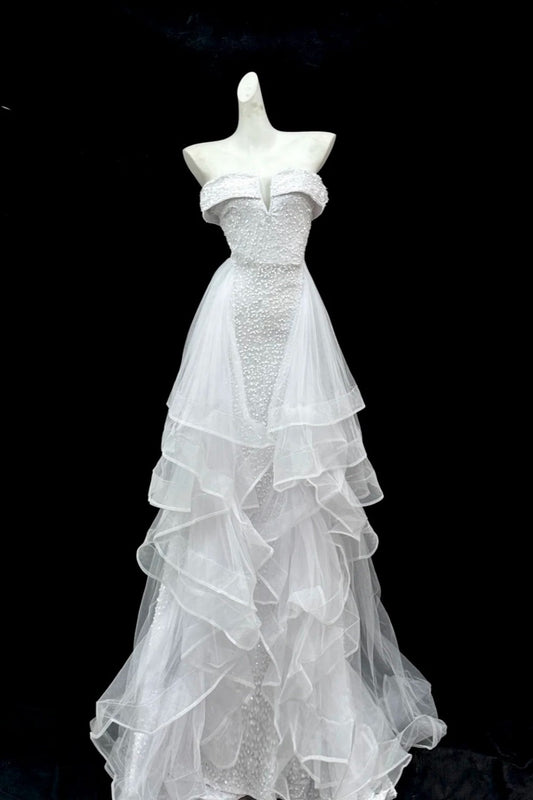 Girlhomeshops--White shimmery long tulle ruffled wedding dress prom dress gh5473