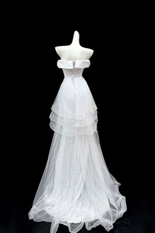Girlhomeshops--White shimmery long tulle ruffled wedding dress prom dress gh5473