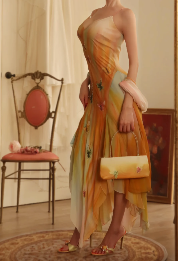 Dreamy Gradient Spaghetti Strap V-Neck Butterfly Irregular Chiffon Long Prom Dress Evening Dress P4810