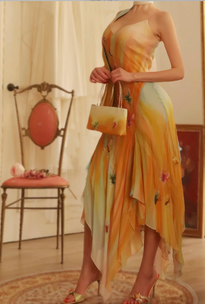 Dreamy Gradient Spaghetti Strap V-Neck Butterfly Irregular Chiffon Long Prom Dress Evening Dress P4810