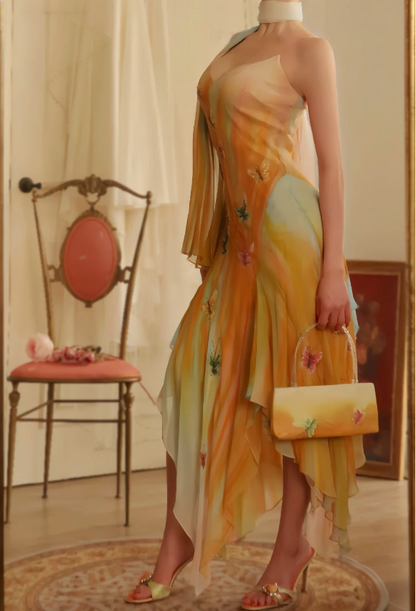 Dreamy Gradient Spaghetti Strap V-Neck Butterfly Irregular Chiffon Long Prom Dress Evening Dress P4810
