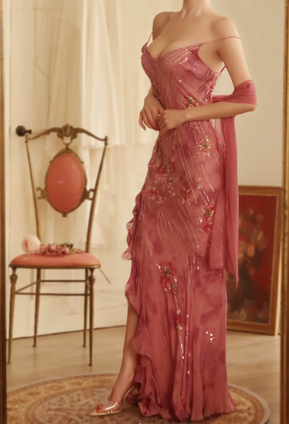 Vintage Pink Mermaid Spaghetti Strap Sequin Chiffon Long Prom Dress Evening Dress P4811