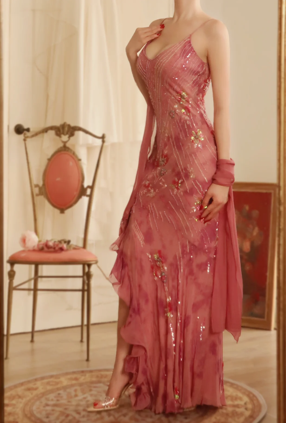 Vintage Pink Mermaid Spaghetti Strap Sequin Chiffon Long Prom Dress Evening Dress P4811