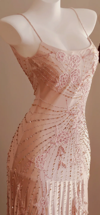 Elegant Pink Spaghetti Strap Beaded Chiffon Long Prom Dress Evening Dress P4813