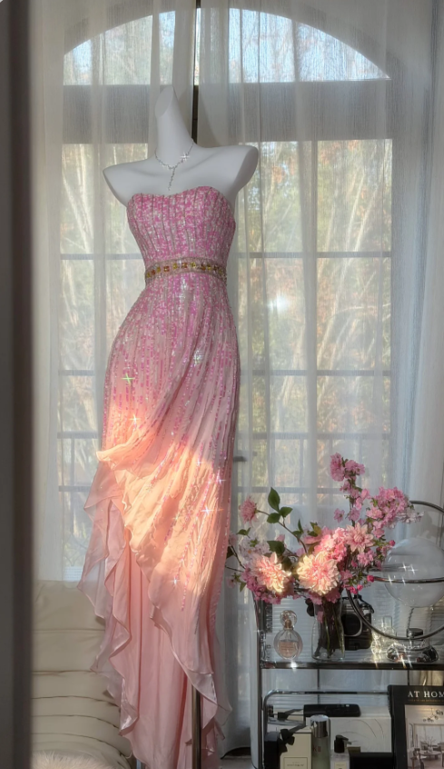 Dreamy Pink Strapless Sequin Beaded Chiffon Long Prom Dress Evening Dress P4816